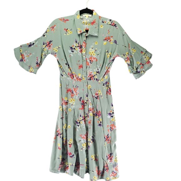Mimi & Daphne Dress Womens Small Green Floral Button-Up 100% Viscose 3/4 Sleeves - Picture 1 of 8